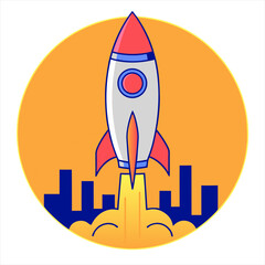 Obraz premium Rocket launching over city buildings silhouette vector illustration