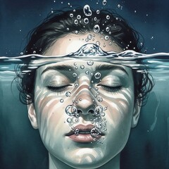 A serene and peaceful underwater portrait of a woman with closed eyes, surrounded by bubbles and beautiful caustic light
