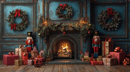 A Cozy Christmas Fireplace Scene with Nutcrackers and Gifts