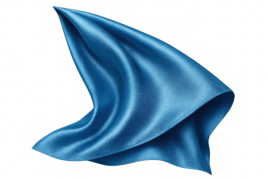 Flowing blue silk fabric undulating against transparent background, representing luxury, elegance, fashion design with soft, delicate textile movement and refined visual texture