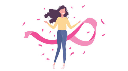 Fototapeta premium Cartoon Woman Holding Pink Ribbon - Flat Vector Illustration