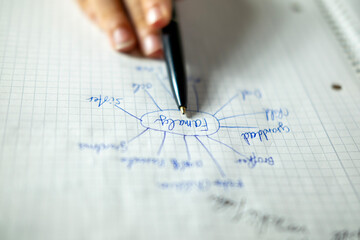 teenage boy draws family mind map relatives, DNA, and genealogy, sketches family tree, trust and...