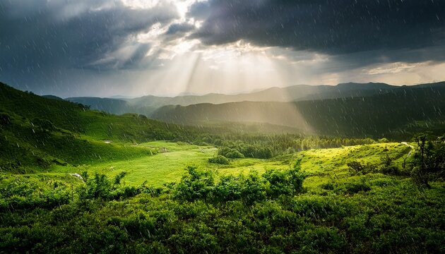 serene scene of gentle rain falling on lush green landscape sunlight peeking through the clouds perfect for nature weather and serenity themes soft light plants - Powered by Adobe