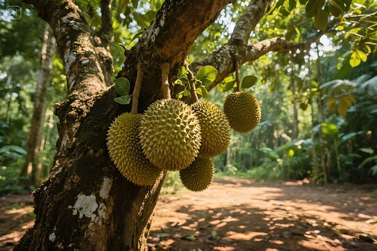 "Durian tree with large spiky fruits hanging from thick branches in a Southeast Asian jungle"

