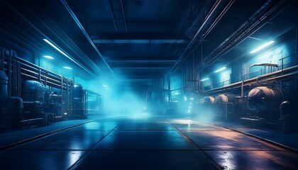dark blue smoky industrial interior with fluorescent lights