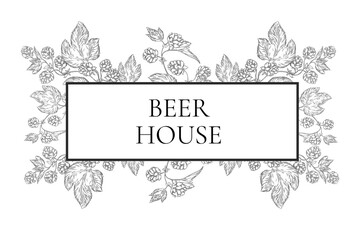 Watercolor banner border background featuring hop branches with cones and leaves, ideal for beer branding, brewing presentations, brewery ads, or botanical and floral themed designs. Floral, leaves.