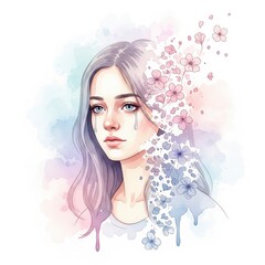 A conceptual illustration of beauty and sorrow, showing a woman's emotional portrait with tears and dissolving watercolor flowers
