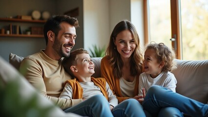 Obraz premium Smiling Parents with Children Relaxing on Sofa