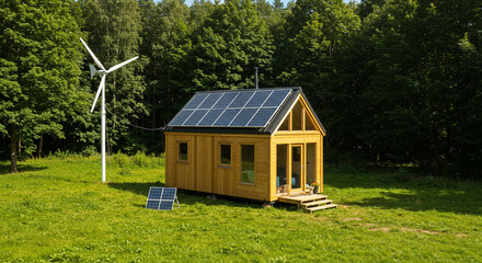 Obraz premium Old wooden cottage in a green summer field under a blue sky