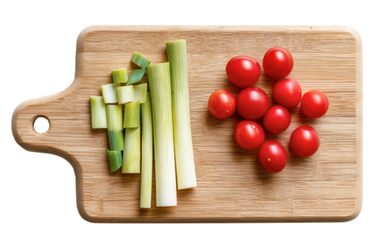 Leeks & cherry tomatoes onboard, isolated on white  background