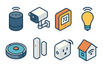 Isometric smart home devices with security camera, thermostat, speaker, and light bulb