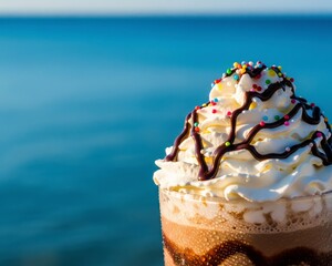 A refreshing summer treat: an iced mocha with whipped cream and sprinkles, enjoyed on a vacation by the blue ocean
