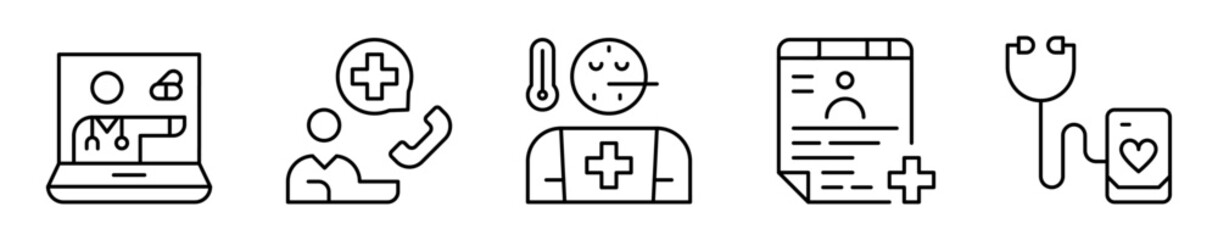 Conjunto de iconos de telemedicina. Herramientas y procesos digitales. Consulta virtual, llamada de emergencia, monitoreo de temperatura, ficha médica y dispositivo. Ilustración vectorial 