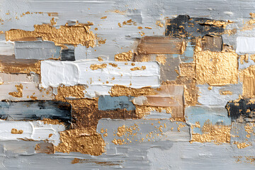 Textura de pintura al óleo abstracta sobre lienzo. Obra de arte moderna colorida, trazos abstractos de pintura dorada y blanca.