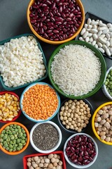 several pots with raw grains for preparing healthy food