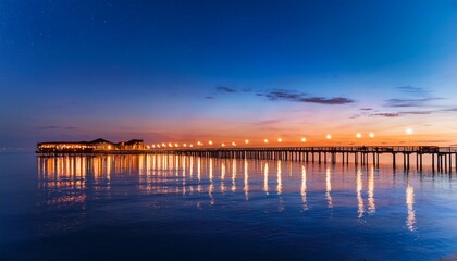 Obraz premium vibrant pier lights illuminate the night sky reflecting on calm water perfect for travel coastal and summer themes ideal for websites brochures and postcards electricity twilight