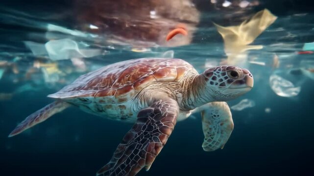 Swimming turtle amidst ocean plastic pollution underwater scene marine life conservation close-up view