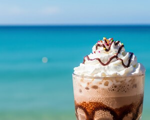 A refreshing summer treat: an iced mocha with whipped cream and sprinkles, enjoyed on a vacation by the blue ocean
