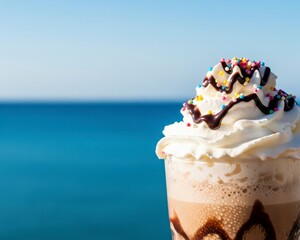 A refreshing summer treat: an iced mocha with whipped cream and sprinkles, enjoyed on a vacation by the blue ocean

