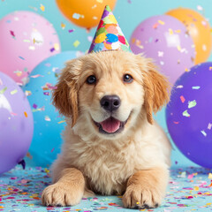 Fototapeta premium Cute golden retriever puppy celebrates birthday with colorful balloons and confetti in a cheerful setting