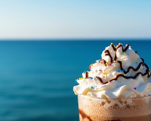 A refreshing summer treat: an iced mocha with whipped cream and sprinkles, enjoyed on a vacation by the blue ocean
