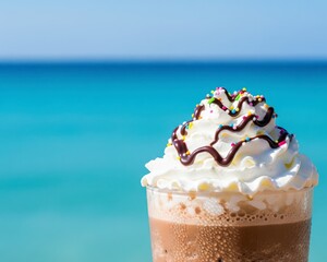 A refreshing summer treat: an iced mocha with whipped cream and sprinkles, enjoyed on a vacation by the blue ocean
