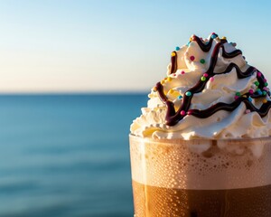 A refreshing summer treat: an iced mocha with whipped cream and sprinkles, enjoyed on a vacation by the blue ocean
