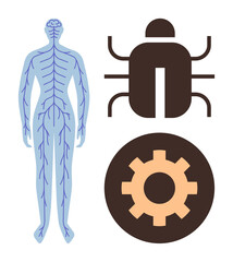 Human nervous system diagram alongside a bug icon and gear, symbolizing biology, technology, and systemic connections. Ideal for health, tech, anatomy, neurology, cybersecurity AI innovation simple
