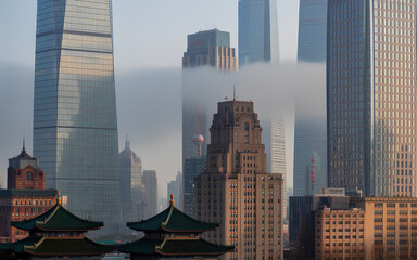 Low Angle View of Skyscrapers in City of China, Contemporary Office Buildings, Urban Financial Center, Glass Architecture, Tall Towers, Business Skyline, Modern Construction, Blue Sky