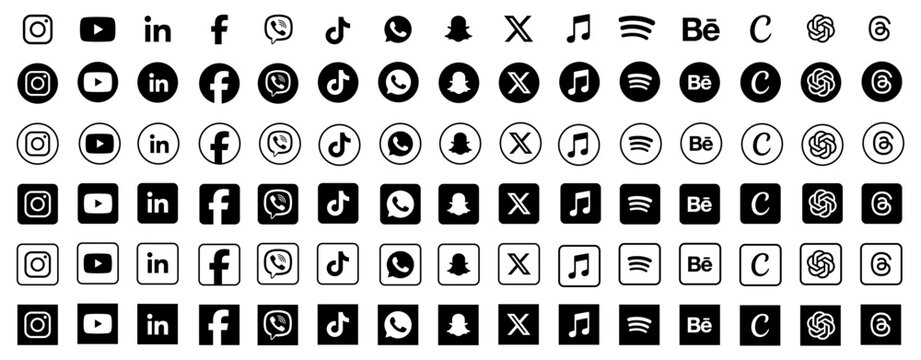 PNG icon pack of Instagram Spotify Apple Music Canva Behance Facebook X YouTube Snapchat ChatGPT Viber WhatsApp LinkedIn TikTok Pinterest for digital branding