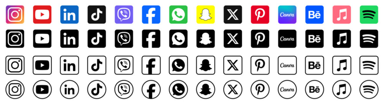 Realistic icon set of Instagram, Spotify, Apple Music, Canva, Behance, Facebook, X, YouTube, Snapchat, Viber, WhatsApp, LinkedIn, TikTok, pinterest for UI branding design in PNG format