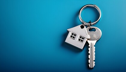 a silver key to a house attached to a keychain is shown against a blue background empty space for copying onto the keychain represents the idea of buying a new house and the real estate property