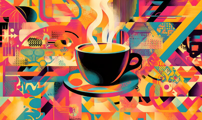 Abstract coffee cup, vibrant geometric design