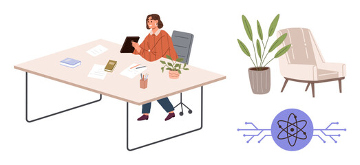 Woman working on tablet at desk with notebooks, papers, plant, minimalist chair, and atom concept symbol. Ideal for work-life balance, remote work, innovation, productivity creativity modern