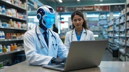 An AI agent doctor on a laptop in a pharmacy, symbolizing agent collaboration in healthcare with a pharmacist and online virtual support. 4k video - Powered by Adobe