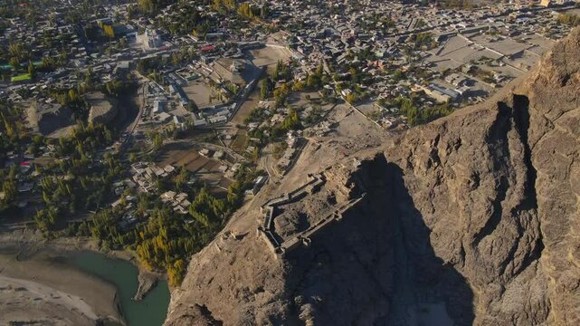 Aerial view of Indus River and Skardu Fort, Pakistan.