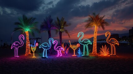 Neon flamingos and palm trees glow on the beach at dusk with an orange sky backdrop