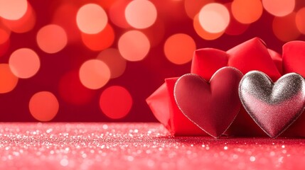 Romantic Valentine's Day Hearts on Red Glitter Background