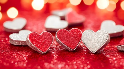 Fototapeta premium Romantic Red and Silver Glitter Hearts Valentine's Day