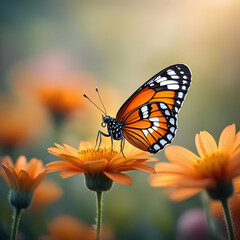 Fototapeta premium A monarch butterfly rests on an orange flower
