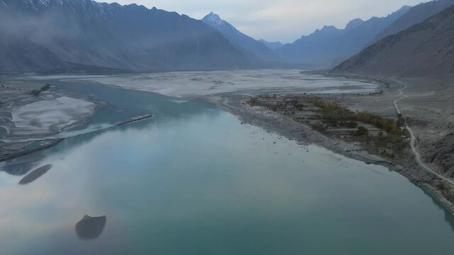 Aerial view of Indus River winding through mountains, Pakistan.