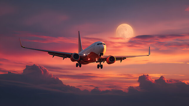 Airplane in the sky. Airplane in flight at sunset or evening sky. Commercial airliner silhouette in the colorful evening or night moon skies. Aircraft symbol of travel adventure global connectivity.