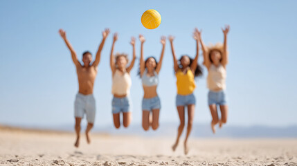 Group of diverse young adults jumping on beach with volleyball under bright blue sky