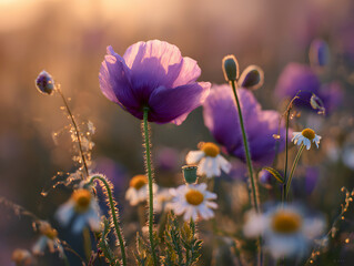 Obraz premium Purple poppy blooms gracefully in a dreamy meadow at dawn, with daisies bathed in the soft, golden morning light.