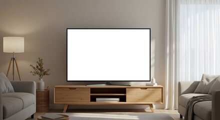 Modern Living Room with Blank TV Screen for Digital Content Showcase or Advertisement Placement