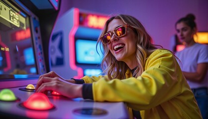 Smiling blonde woman enjoying retro arcade games in neon-lit gaming room with vibrant colors, fun concept of entertainment or gaming lounge