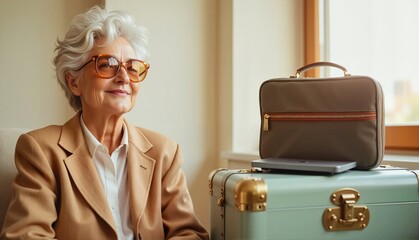Smiling elderly woman with grey hair wearing stylish glasses, relaxing in a modern living room against a bright window background, lifestyle concept of travel agency or comfort service
