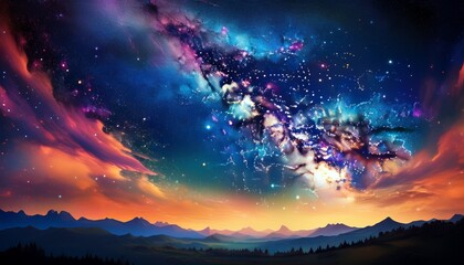 Naklejka premium night sky filled with colorful stars and the milky way galaxy background of the starry sky with a panoramic view ideal for a copy space image