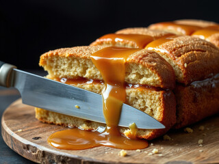 Caramel cake, rich and sweet, being sliced with a knife, dark background on a wooden board