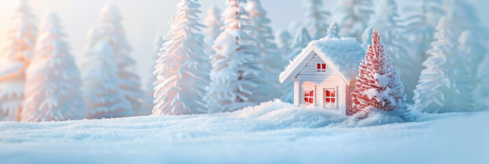 Snow-Covered Miniature House with Pine Trees on White Background in Soft Winter Light